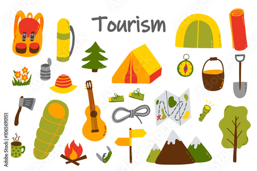 Adventure camping essentials for outdoor tourism gear, nature, and icons.