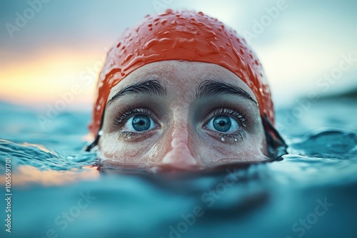 A dynamic image capturing a swimmer's intense eyes peering above the waterline, with droplets scattered across an orange swim cap, embodying focus and determination. photo