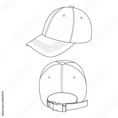 Baseball cap with adjustable strap, shown from front and back views, isolated on white background, suitable for headwear design templates and branding.

