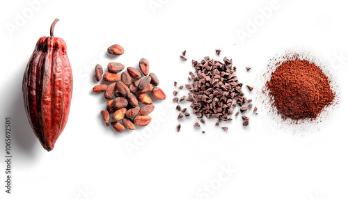 Creative layout made of cacao fruit, cacao beans, cacao nibs and powder on white background. Flat lay. Food concept. Macro  concept.