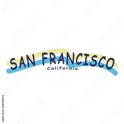 Minimalist San Francisco logo with wavy lines and blue and yellow accents, isolated on white background, ideal for travel branding and souvenirs.

