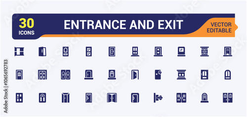 Entrance And Exit solid icon collections. Includes flat filled stroke, quit, white, approach, door and more. Simple icon designs. Editable vector illustration.