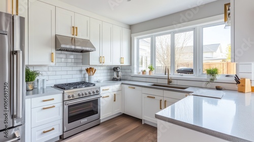 Modern Kitchen with White Cabinets and Gold Hardware