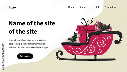 Santa s festive sleigh with gifts. Christmas vector illustration. Landing page