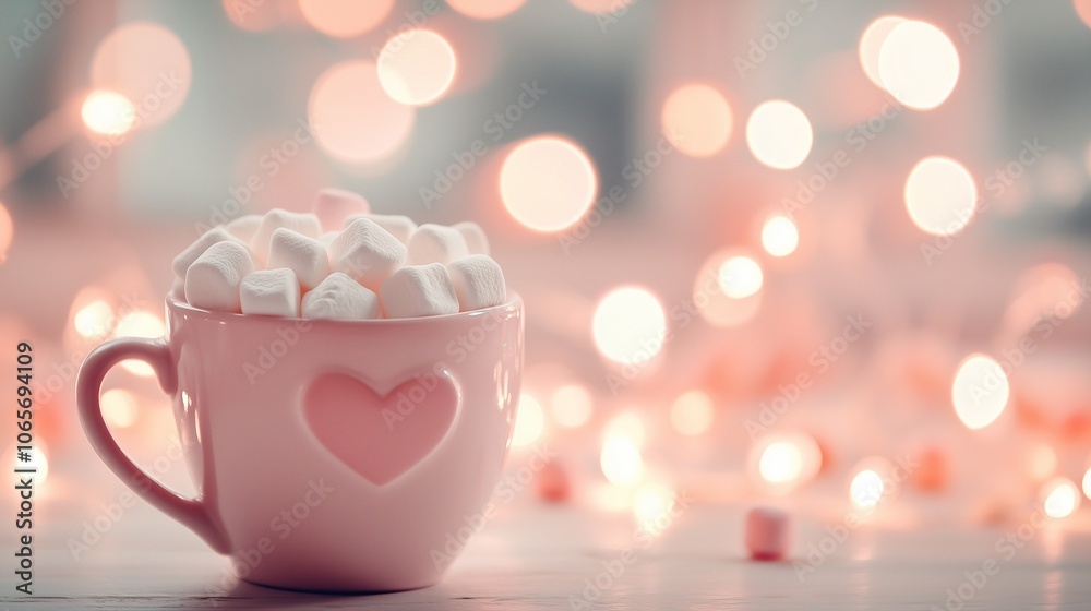 Pink cup with marshmallows on a pink background with subtle lightning