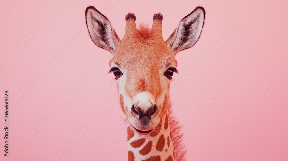 Portrait of a giraffe on a pastel pink background