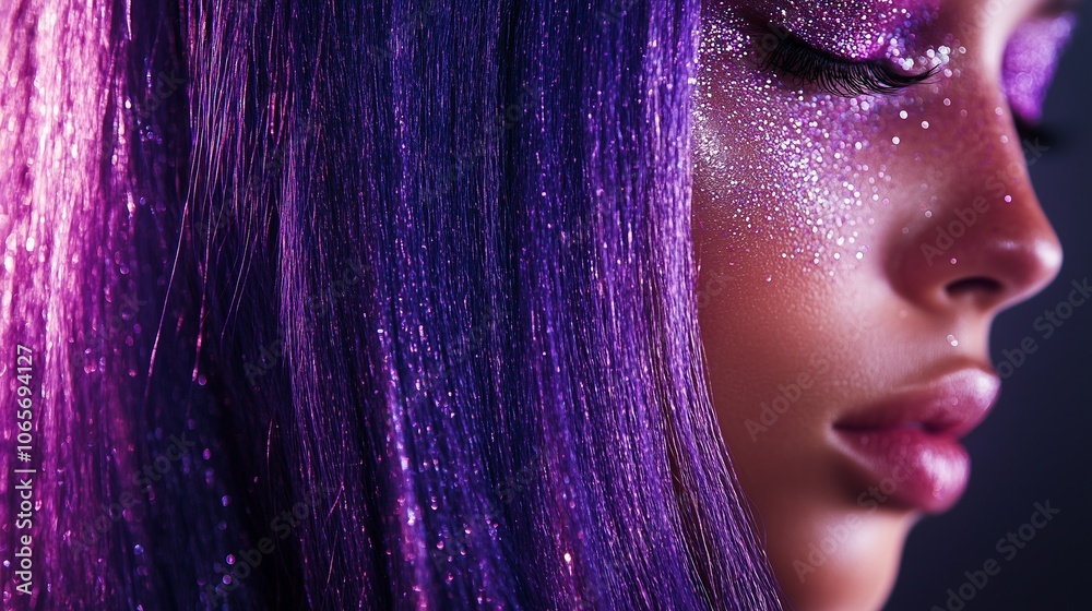 Up-close portrait of a woman with purple hair and makeup with closed eyes