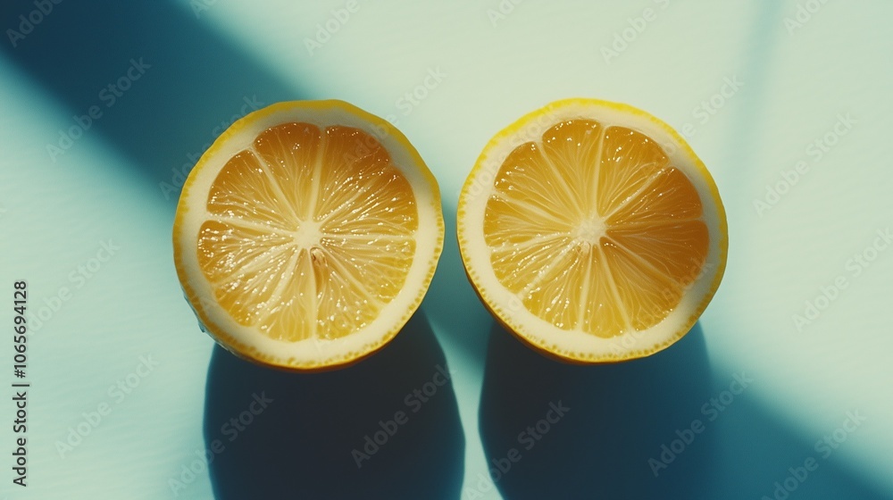 Two lemons cut in half on a blue background