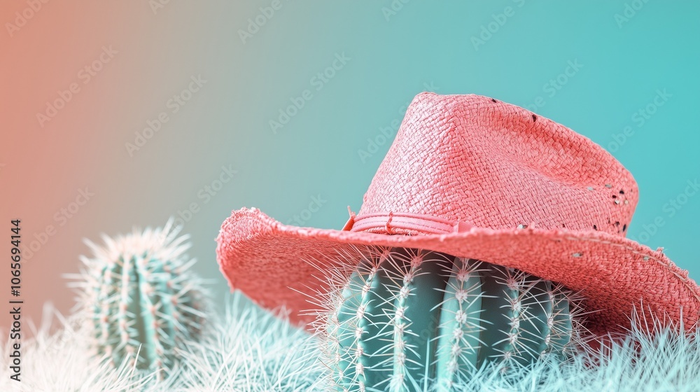 Close-up cactus with a cowboy hat on a pastel background