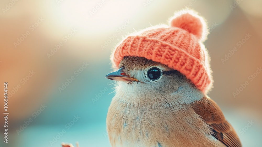 A close-up little bird wearing a knit hat