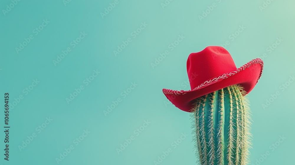 Cactus with a red cowboy hat on a blue background