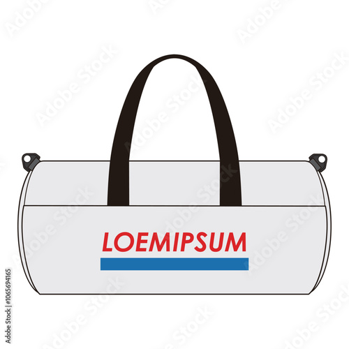 Red and white duffel bag with black handles, "LOEMIPSUM" logo, blue stripe, ideal for travel and gym activities.

