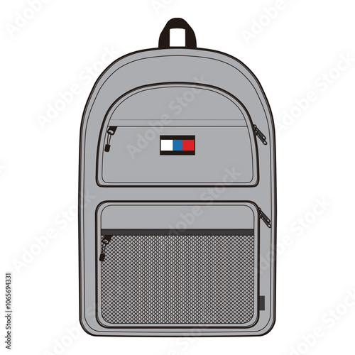 Gray backpack with front logo patch and mesh pocket, offering a modern, functional design with spacious compartments.

