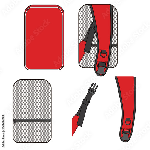Backpack components including front, side, and adjustable strap details in red with mesh elements, ideal for product design illustration.

