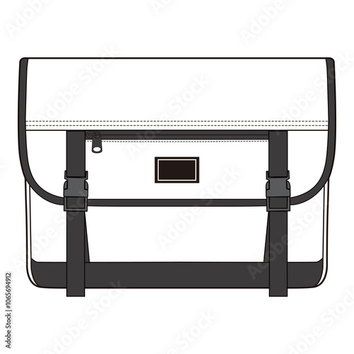 White messenger bag with black buckles and logo patch, providing a clean and stylish design for everyday use.

