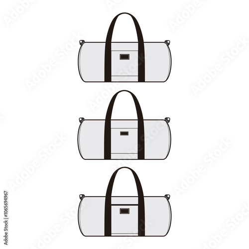 White duffel bags with black handles and central logo patch, in three views for branding focus and classic styling.

