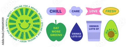 Healthy lifestyle minimalist stickers. Illustration with quote Self care. Good habits, Organic labels from simple shapes. Eat more greens, chill, healthy fat,