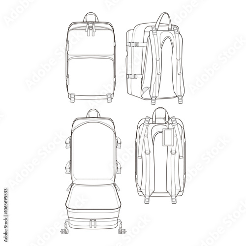 Four-view line drawing of a backpack, showing front, side, back, and open views with detailed compartments and straps.
