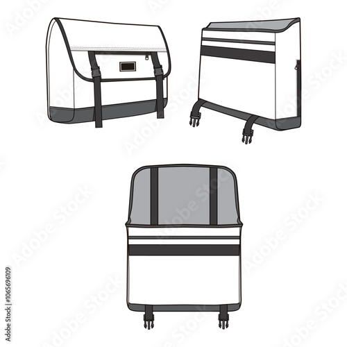 Three-view line drawing of a messenger bag with flap, buckles, and adjustable straps, showcasing front, side, and open views.