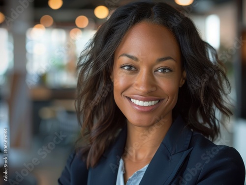 Businesswoman in a blazer, close-up smiling confidently, with office in the background