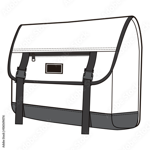 Close-up illustration of a messenger bag with flap and dual buckle closures, featuring a label patch and contrasting bottom section.