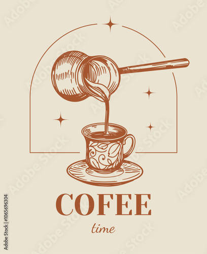 Black coffee pouring from a turk into a cup, hand drawn sketch, vector illustration