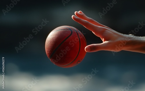 A dynamic close-up of a hand gripping a basketball, showcasing motion and energy in a sports setting.