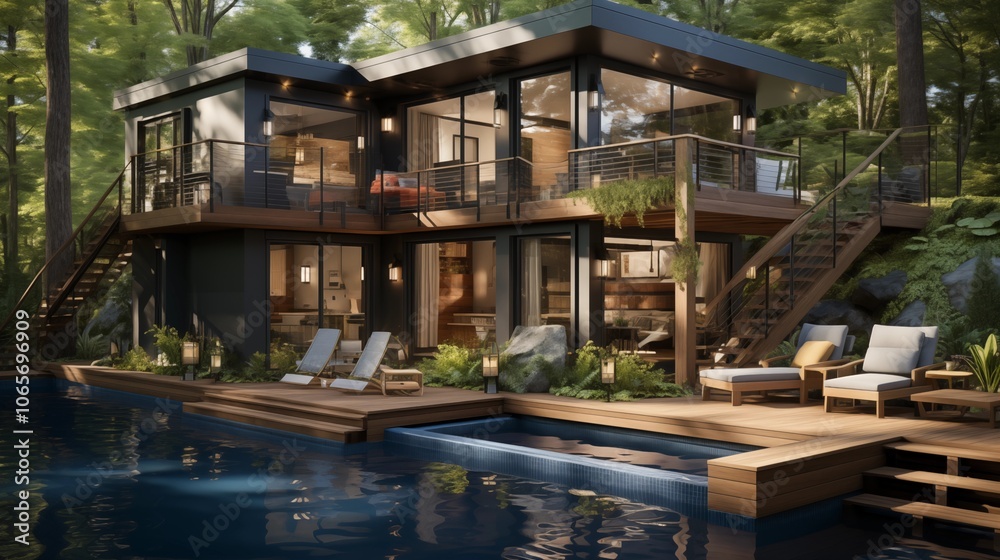 Fototapeta premium Elegance Meets Nature: A Serene Outdoor Living Room by the Pool, Nestled Amongst Trees in a Luxurious Retreat