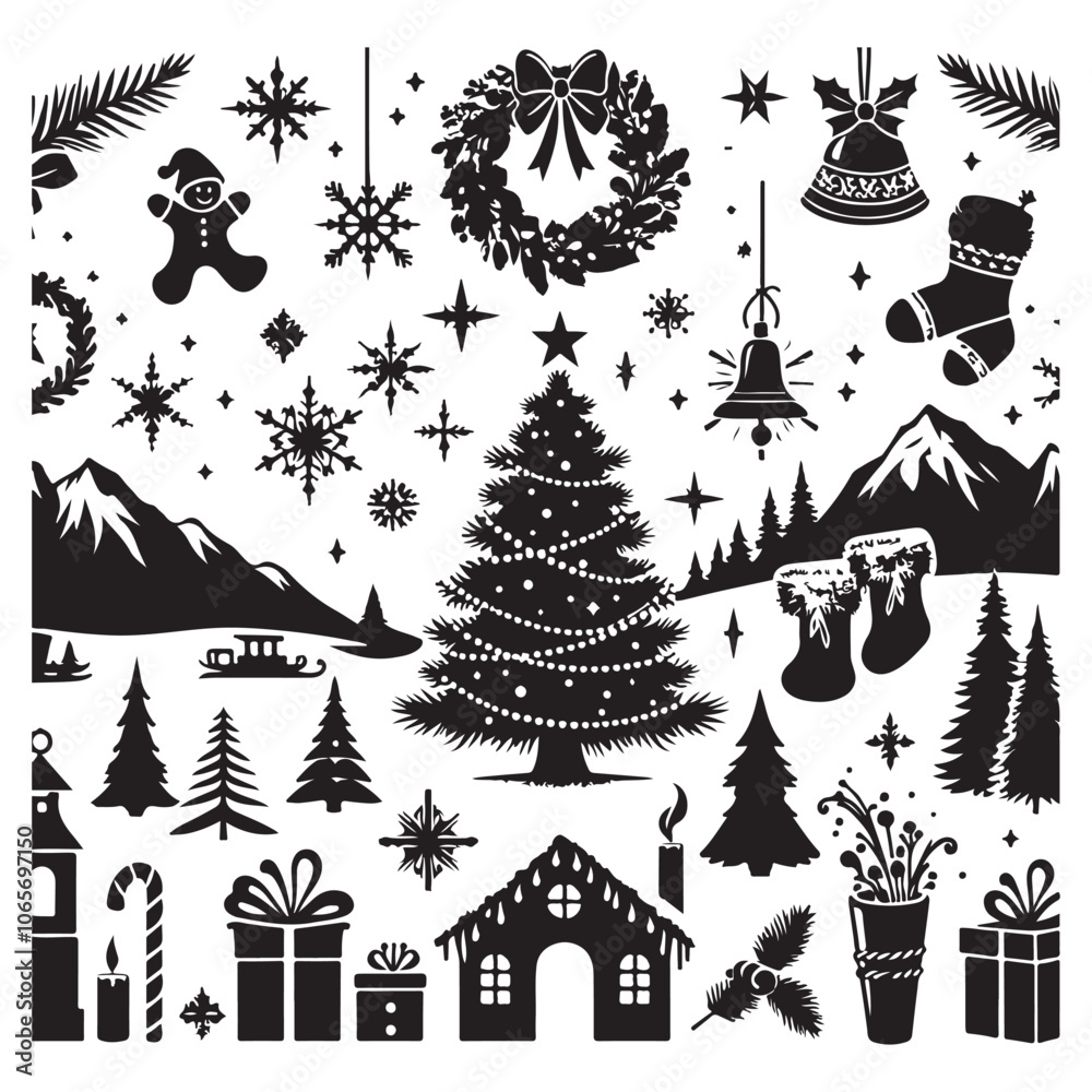 Obraz premium Christmas Silhouette Elements, Christmas Tree silhouette, tree silhouette , Christmas tree silhouette vector