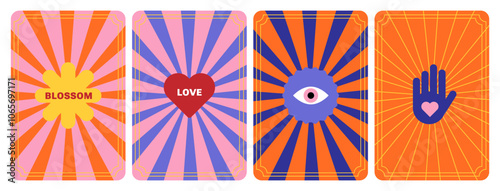 Playful Colorful Cards with Hearts, eye, hand. Mystical Tarot cards vibe. Simple shapes, gambling. Sunburst Background, love mood. Magic Design elements for collage. Fantastical vibrant aesthetics