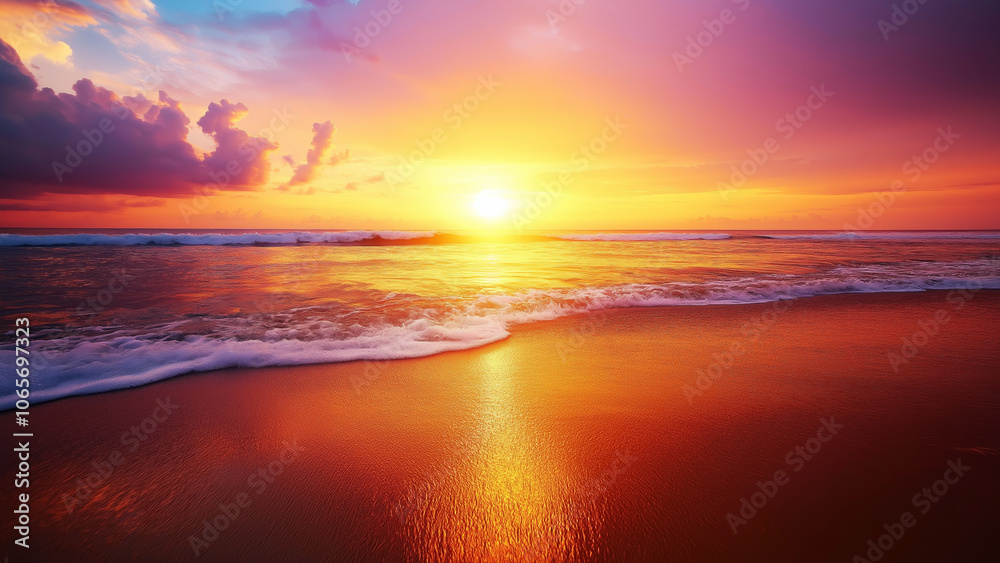 Obraz premium Vibrant sunset over a tranquil beach with gentle waves and colorful sky reflections