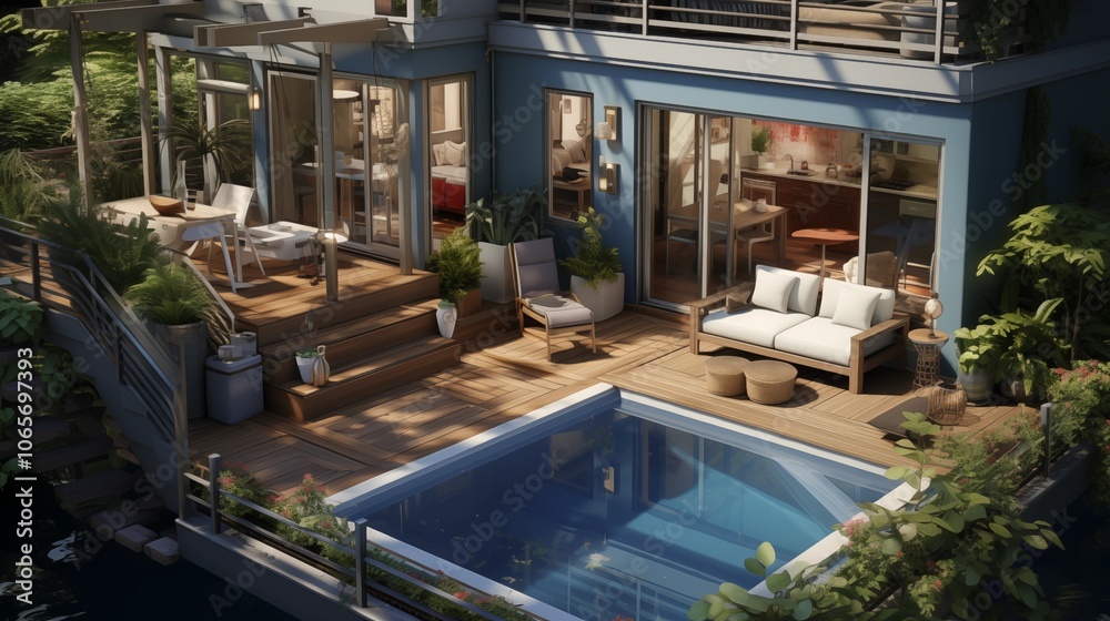 Fototapeta premium Luxury in Nature: A Cozy Outdoor Living Room by the Pool, Framed by Trees and the Beauty of a Stunning Home