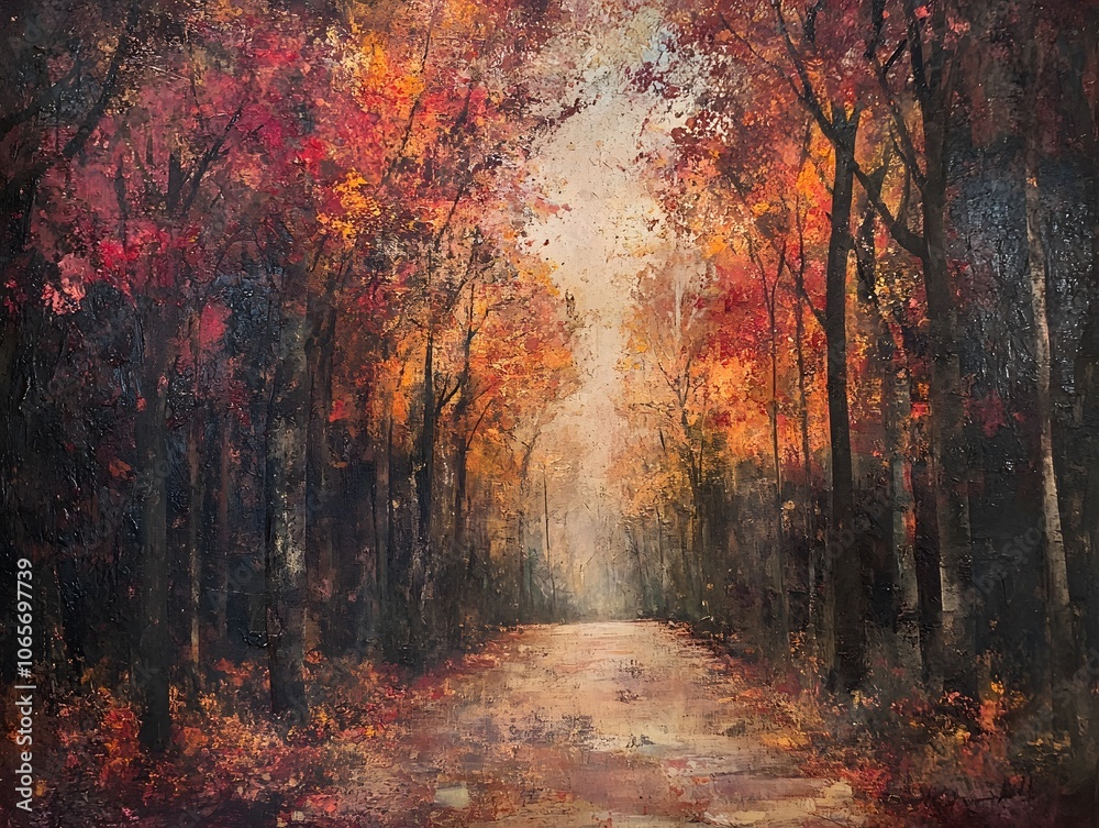 Fototapeta premium A serene autumn landscape with vibrant foliage illuminating a tranquil path through the trees, inviting exploration and peace.