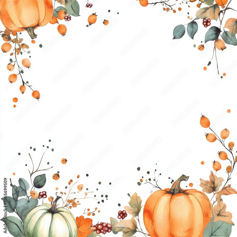 Fototapeta premium Hand-painted Watercolor Autumn Collection with Pumpkins, Berries, and Floral Elements
