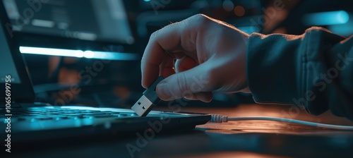 Cybersecurity Threat Concept: Hacker Hand with USB in Dark Corporate Setting for Tech Poster photo