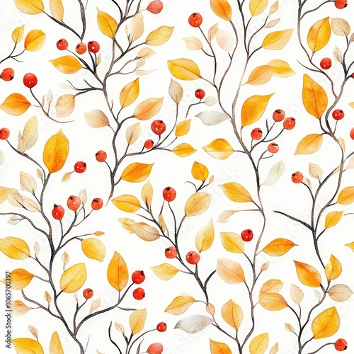 Watercolor Autumn Botanical Composition with Yellow Leaves, Red Berries and Floral Arrangement