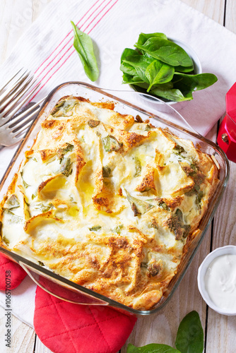 Obraz na płótnie Traditional Bulgarian or Balkan pie banitsa made from filo dough, cream cheese and spinach. w salonie