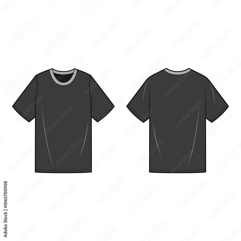 Fototapeta premium Black t-shirt with short sleeves and light gray collar, offering a simple and casual look, shown in front and back views. 
