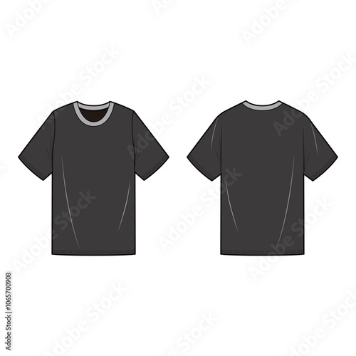 Black t-shirt with short sleeves and light gray collar, offering a simple and casual look, shown in front and back views.
