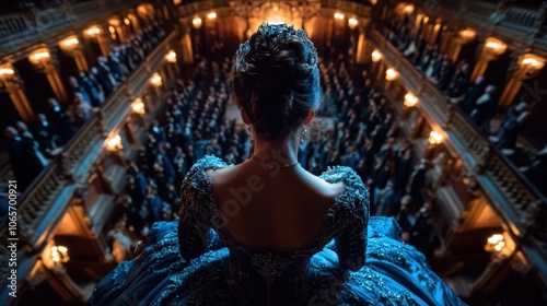 A woman in an opulent gown stands on a balcony, gazing over a lavish ballroom filled with elegantly dressed guests, capturing a scene of grandeur and elegance. photo