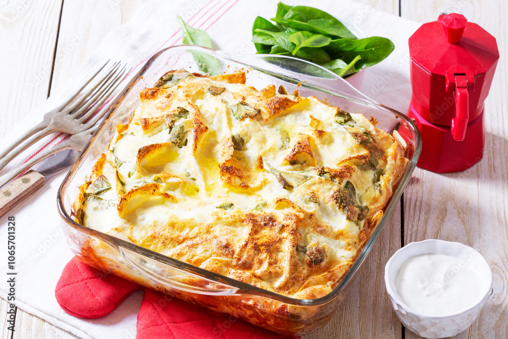 Traditional Bulgarian or Balkan pie banitsa made from filo dough, cream cheese and spinach.