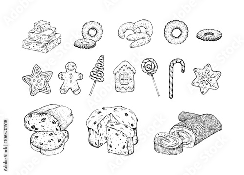 Hand drawn vector illustration of festive Christmas treats and sweets, including gingerbread cookies, candy canes, lollipops, stollen, panettone and other holiday desserts for holiday design projects.
