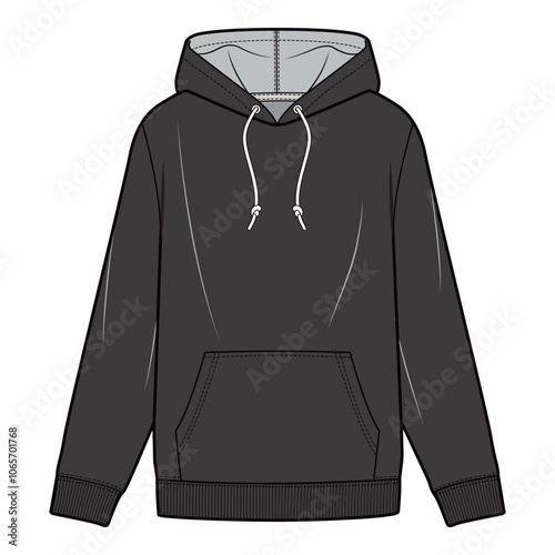 Black hoodie with drawstring hood and front pocket, displayed from the front.
