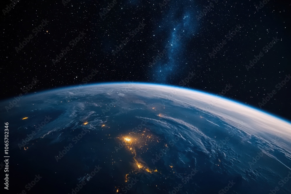 Obraz premium This captivating view reveals Earth from space, highlighting city lights glimmering at night while the vastness of the universe stretches beyond, filled with stars