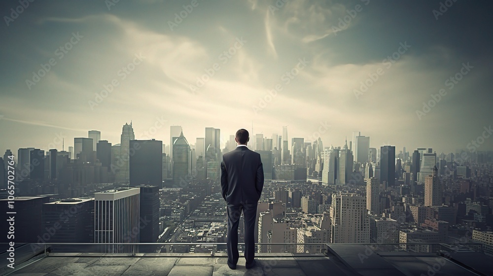 Businessman Overlooking City Skyline at Dusk Businessman Overlooking City Skyline at Dusk