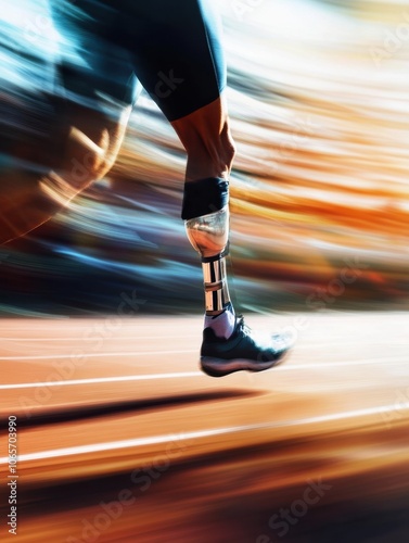 An athlete is running swiftly on a track, showcasing determination and skill while using a prosthetic leg in a race setting. Generative AI photo