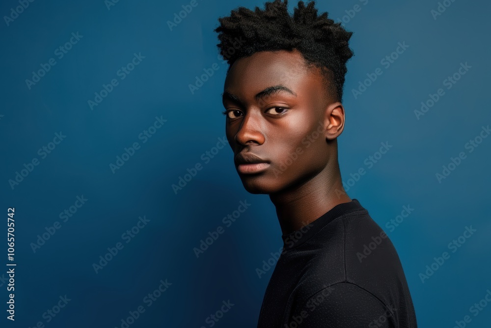 Obraz premium Focused Young Man Against Deep Blue Background Conveying Intensity and Ambition