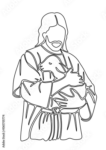 Jesus Christ holding a lamb in his arms.Christian black white line art outline contour coloring book Poster Print Wall Picture background.Bible verses.Jesus is good shepherd.Easter Christian banner.