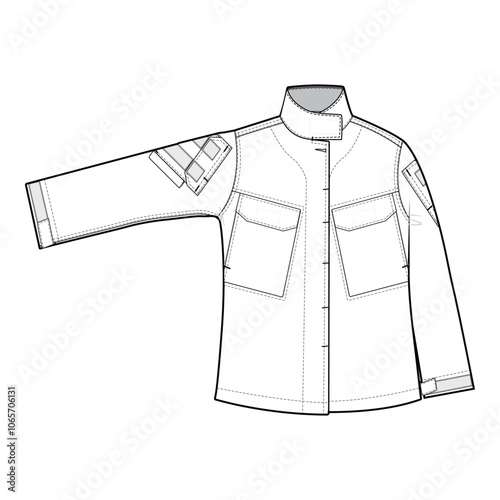 Military Style Field Jacket Technical Drawing with Quilted Shoulder Detail

