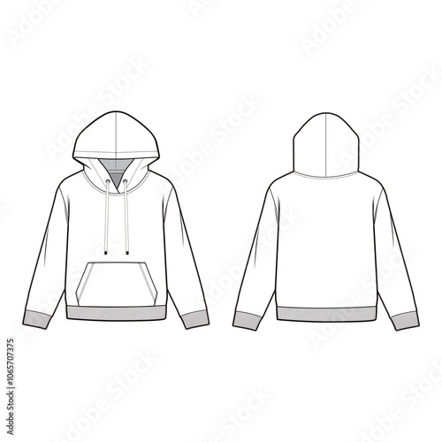 Hoodie Template with Kangaroo Pocket - Front and Back View

